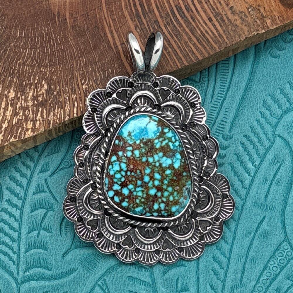 SUNSHINE REEVES Navajo Sterling & Birdseye Kingman Turquoise Pendant Fancy Frame